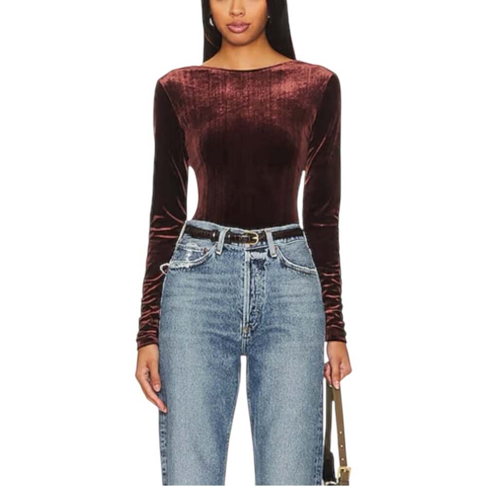 NWT Agolde Corrin Scoop Back Long Sleeve Velvet Bodysuit XL in Chocolate Milk